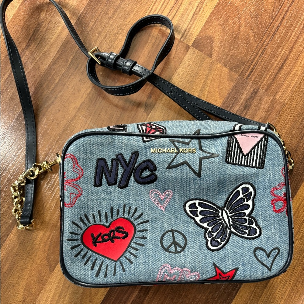 Michael Kors MK Designer Ginmy Denim Graffiti Camera Bag